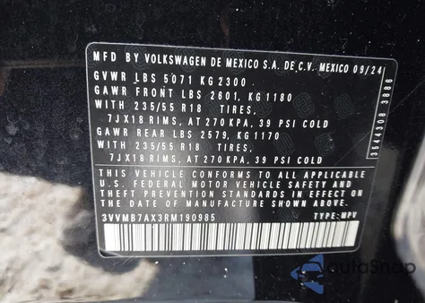 2024 Volkswagen Tiguan 2.0T Se/2.0T Wolfsburg Edition from USA, damaged, VIN 3VVMB7AX3RM190985